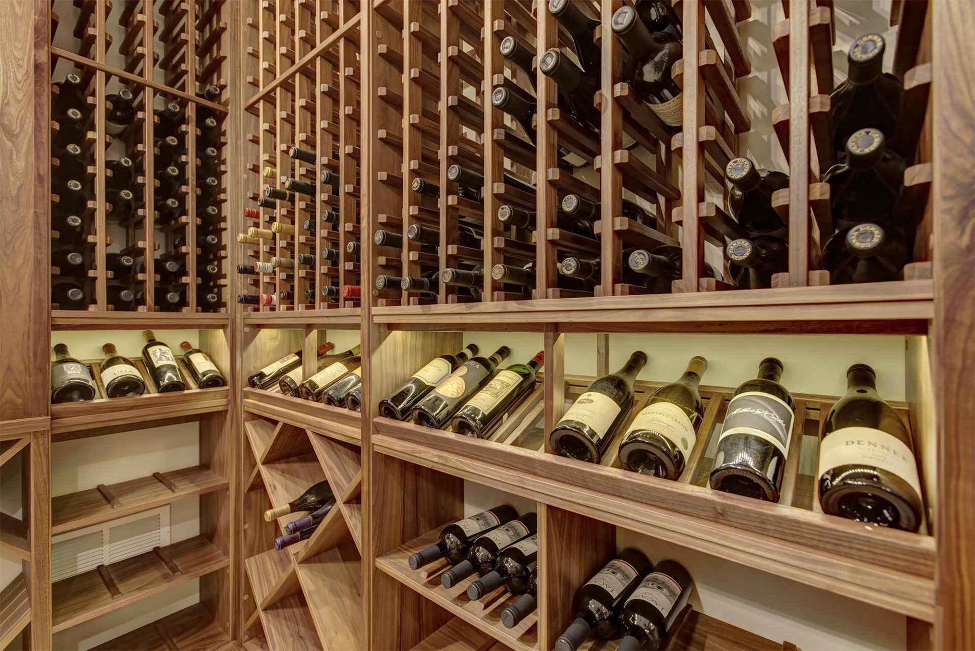 wine cellar with wood storage and led lighting